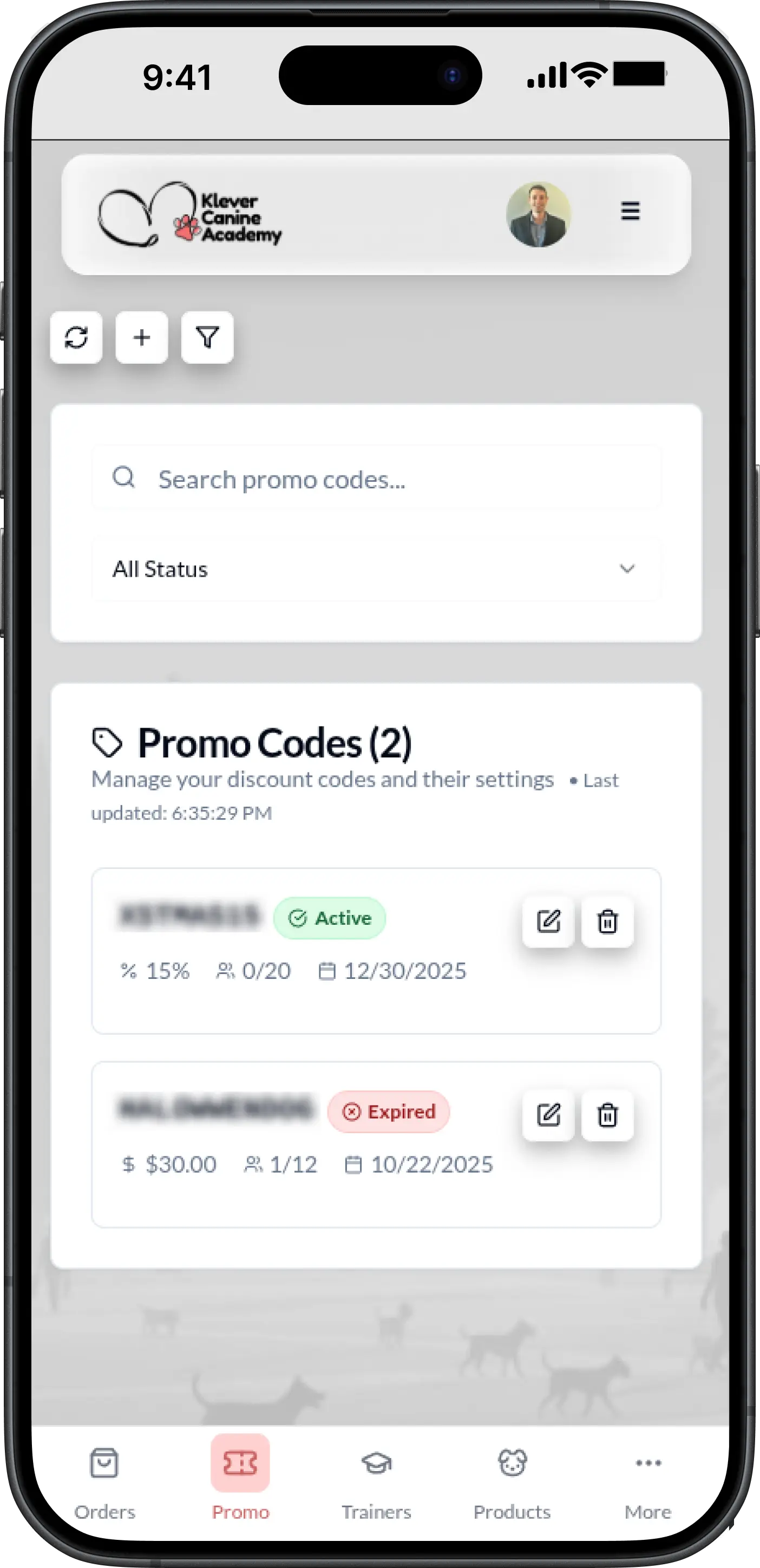 KleverCanines Promo Codes Dashboard